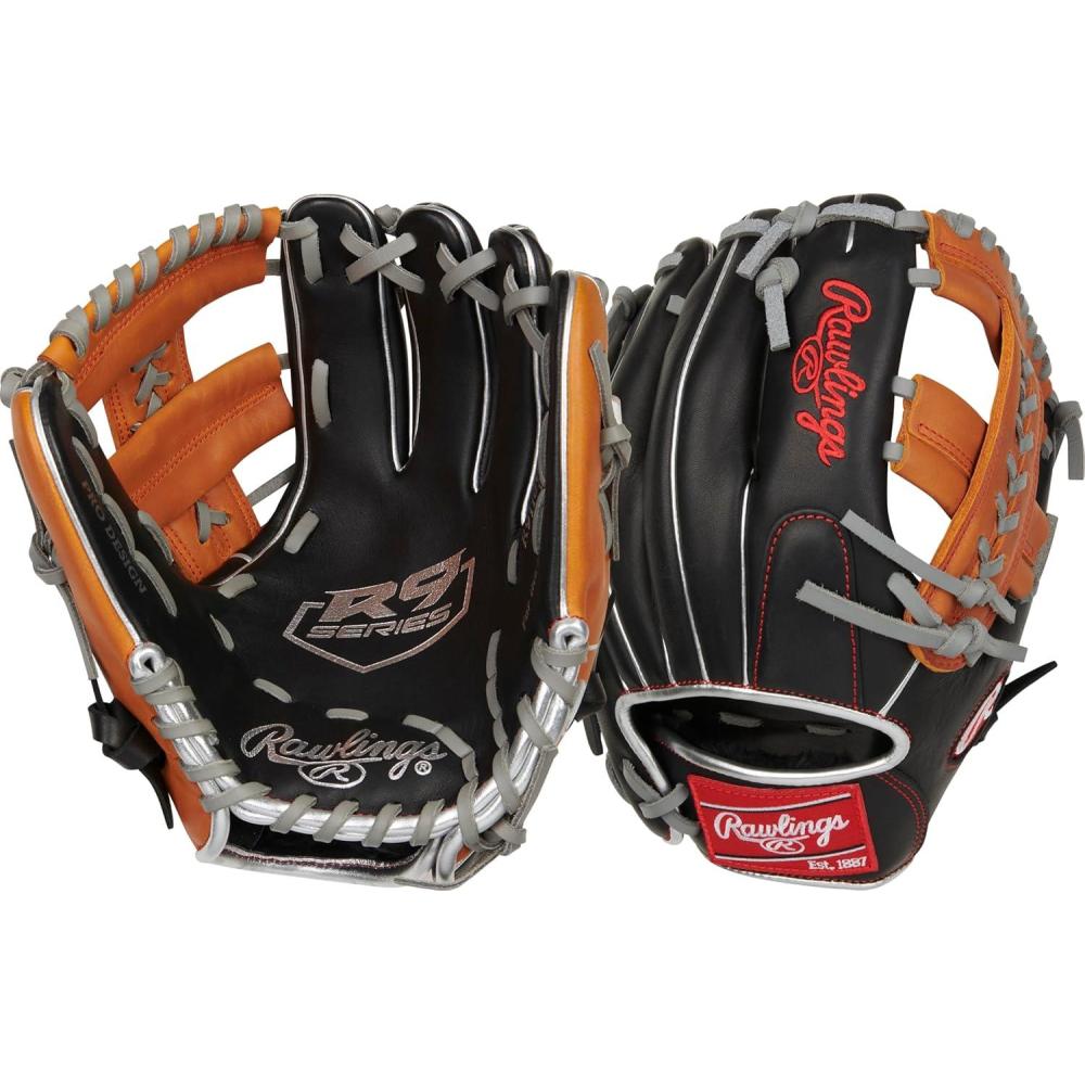 imageRawlings  R9 Youth Contour FIT Baseball Glove  Sizes 11  12  Multiple StylesBlack  Tan  Split Single Post Web