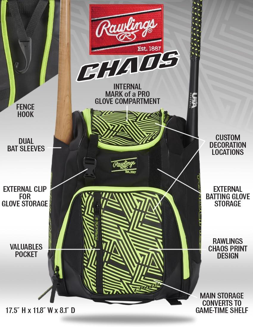imageRawlings CHAOS Backpack Bag Series TBall amp Youth Baseball amp Fastpitch Softball Multiple ColorsOptic Yellow