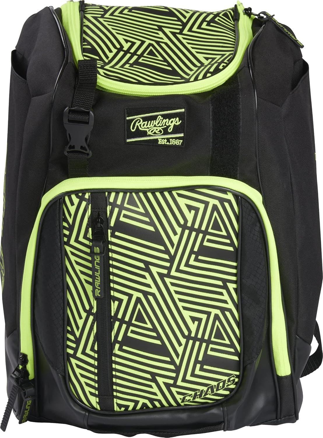 imageRawlings CHAOS Backpack Bag Series TBall amp Youth Baseball amp Fastpitch Softball Multiple ColorsOptic Yellow