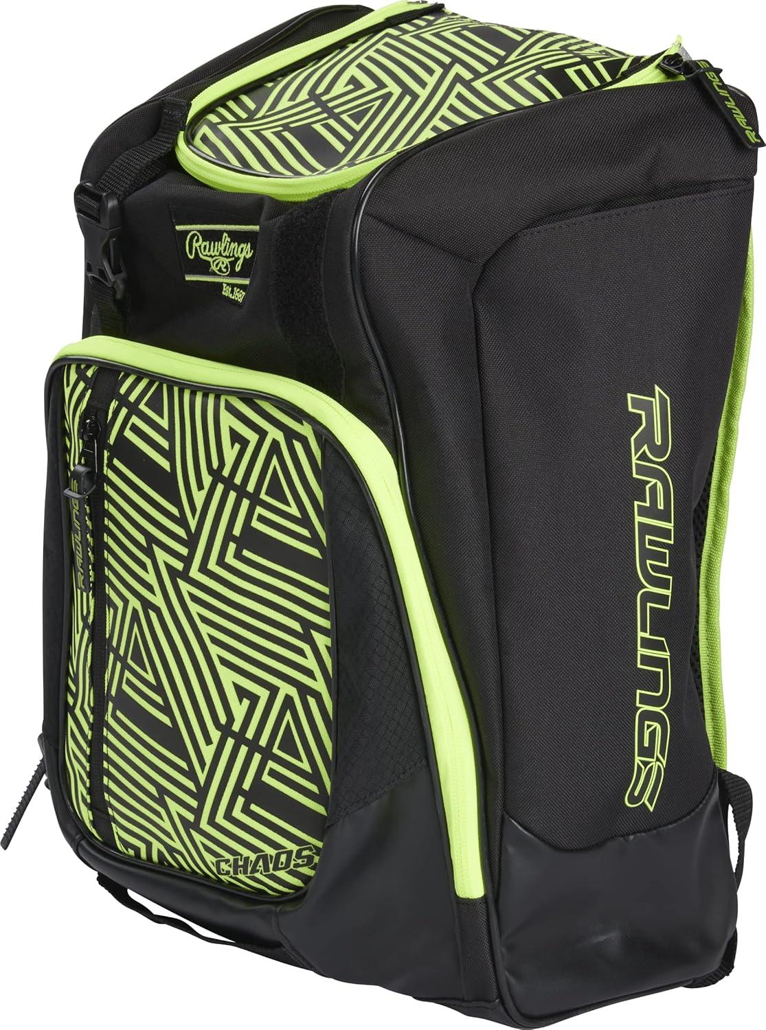 imageRawlings CHAOS Backpack Bag Series TBall amp Youth Baseball amp Fastpitch Softball Multiple ColorsOptic Yellow