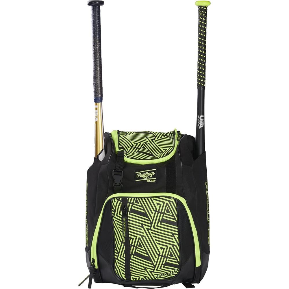 imageRawlings CHAOS Backpack Bag Series TBall amp Youth Baseball amp Fastpitch Softball Multiple ColorsOptic Yellow