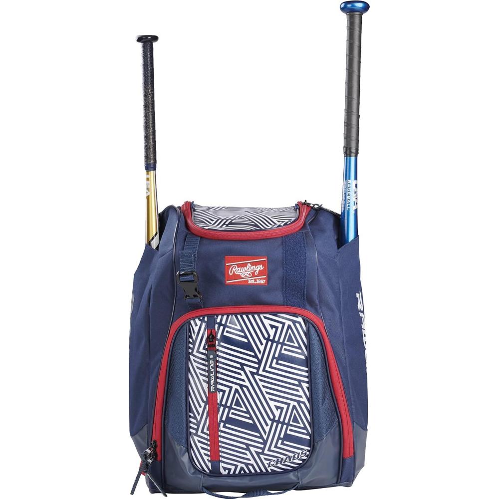 imageRawlings CHAOS Backpack Bag Series TBall amp Youth Baseball amp Fastpitch Softball Multiple ColorsRedWhiteBlue