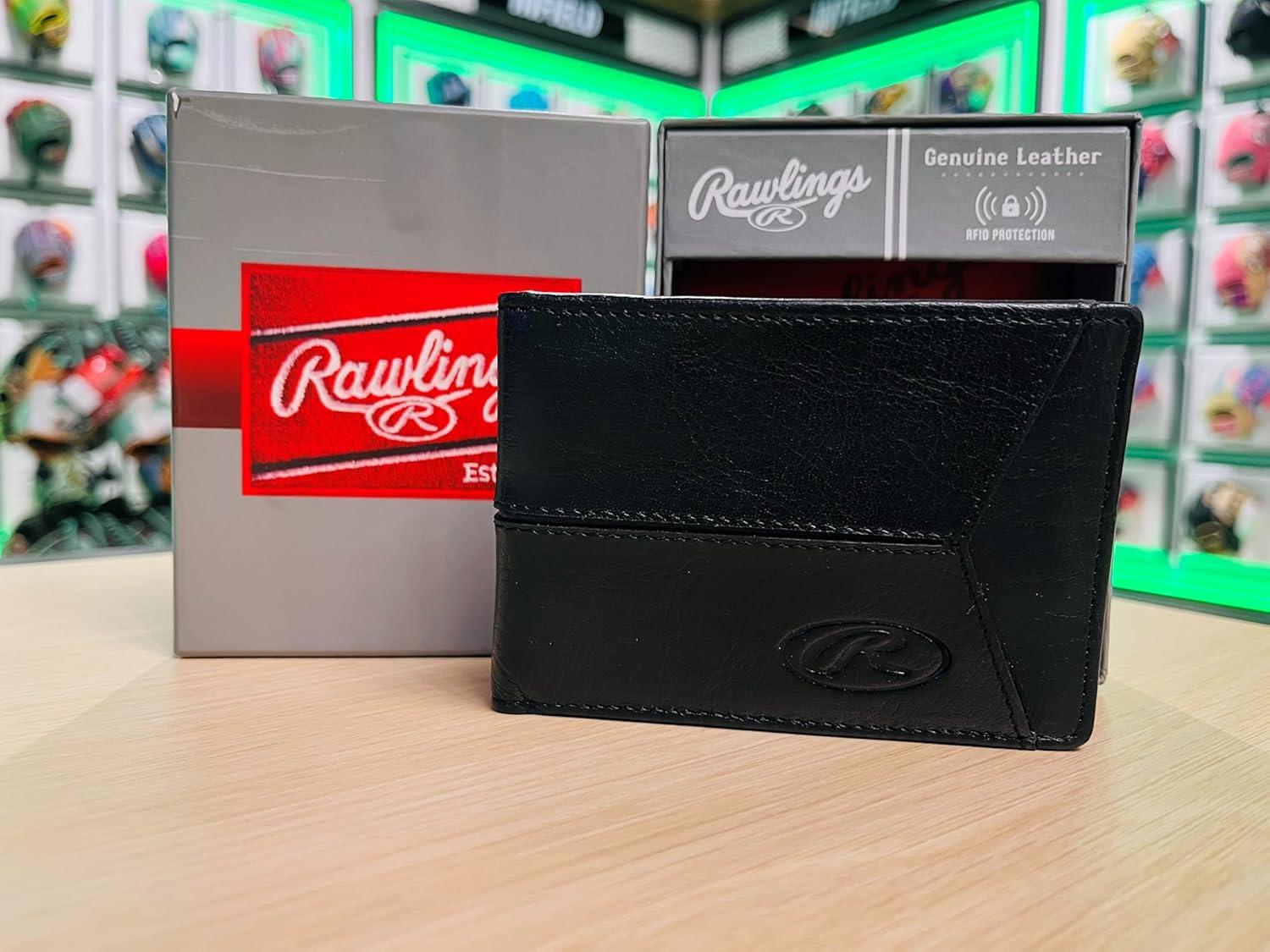 imageRawlings Mens Bifold Wallet Collection Genuine Leather Multiple Styles amp ColorsBlack Slim Debossed Logo