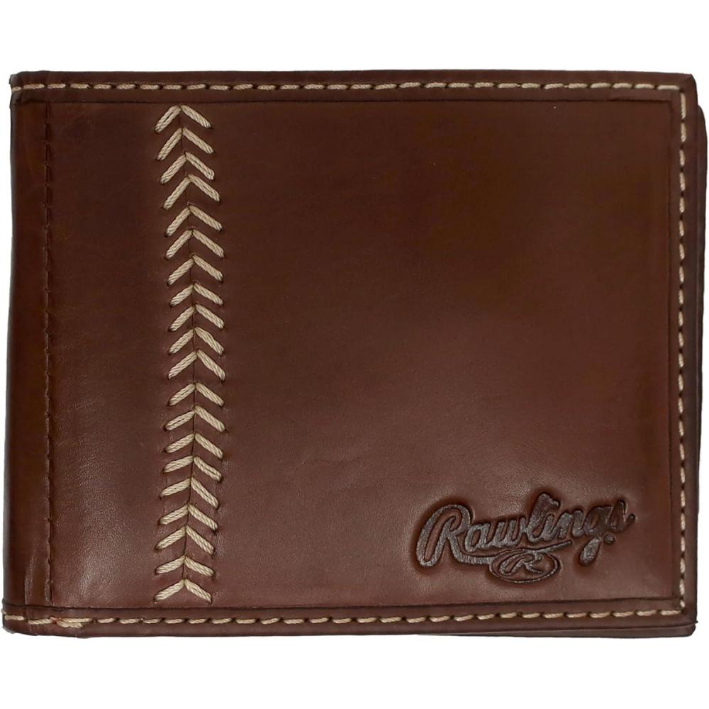 imageRawlings  Mens Bifold Wallet Collection  Genuine Leather  Multiple Styles amp ColorsDark Brown  Baseball Seam Stitch