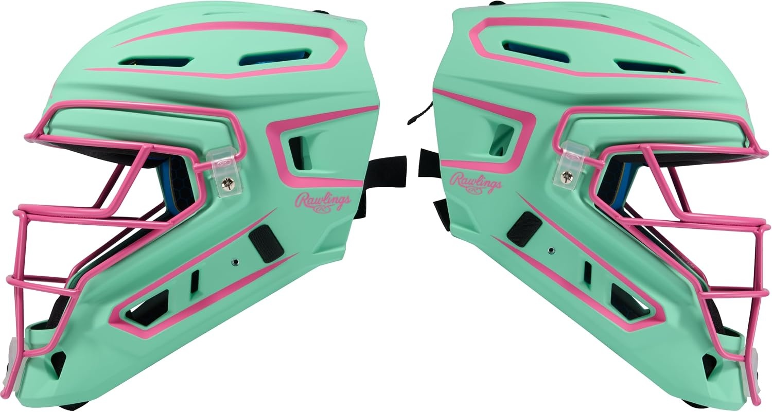 image:imageRawlings Rawlings MACH PRO Series Catchers Helmet Baseball NOCSAE Certified Junior amp Senior Sizing Multiple ColorsMint Pink